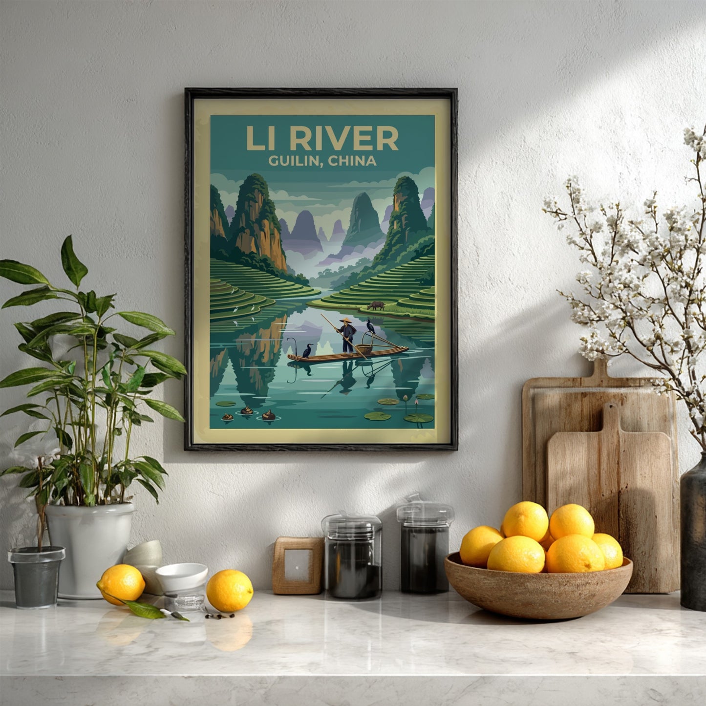 Travel poster of the Li River in Guilin featuring karst mountains and fishermen.