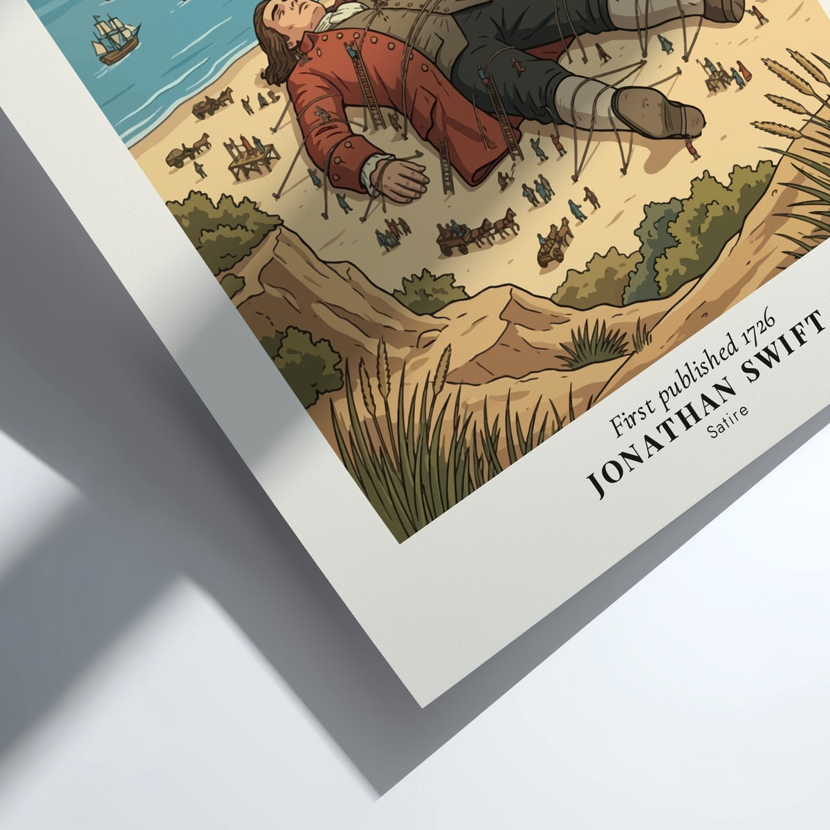 Poster of Gulliver tied down on a beach with tiny people and city