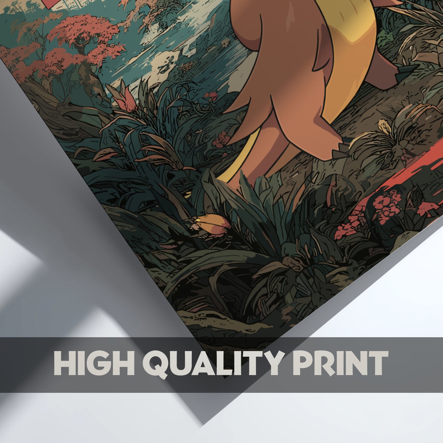 Artistic depiction of Gumshoos Pokemon  in a natural setting with 'High Quality Print' text overlay.