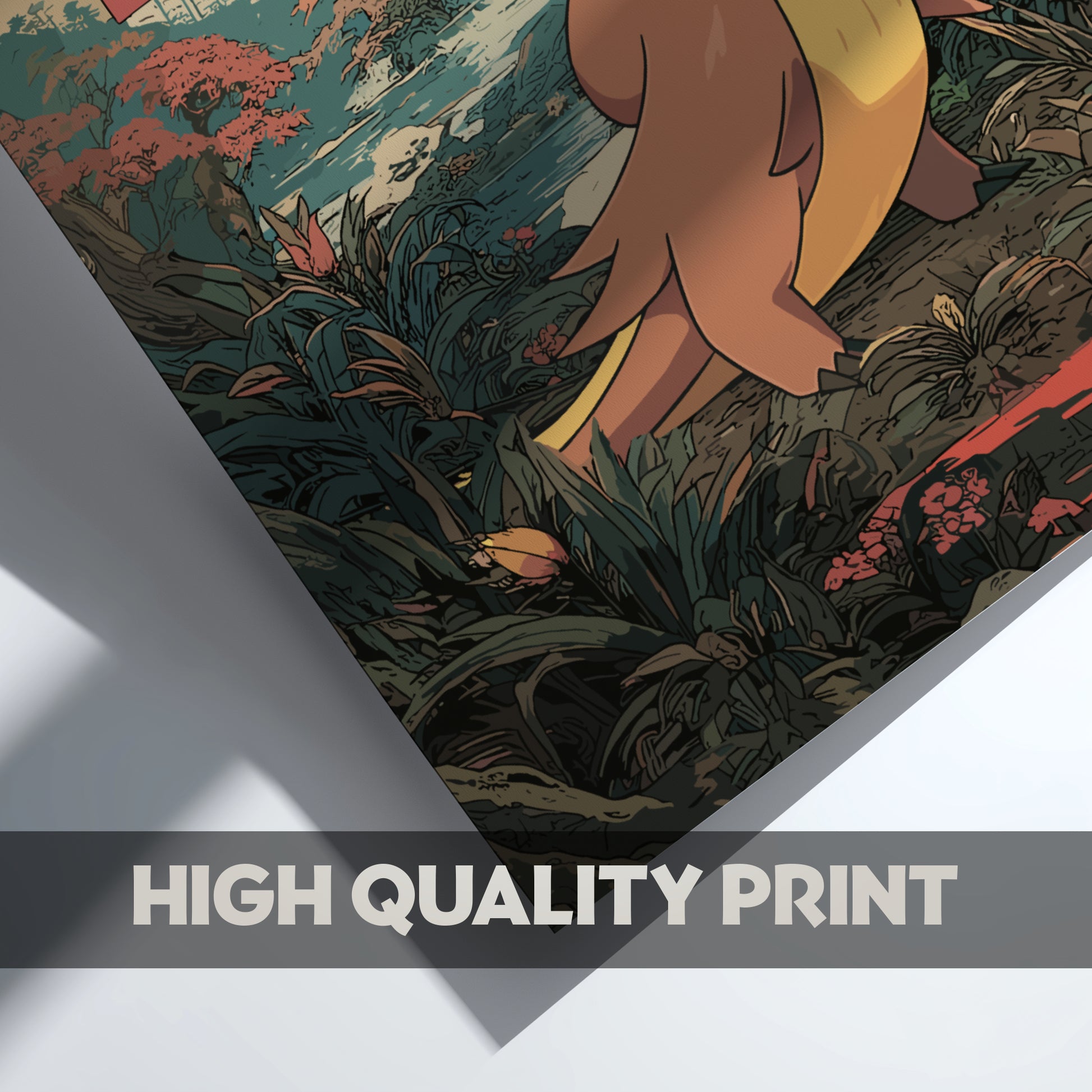 Artistic depiction of Gumshoos Pokemon  in a natural setting with 'High Quality Print' text overlay.