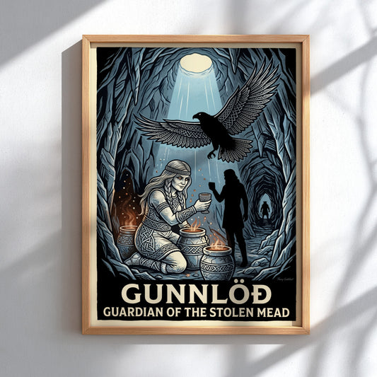 Norse mythology poster featuring Gunnlöð, a raven, and glowing mead jars inside a dark cavern.