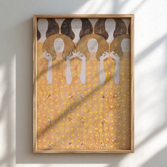 Gustav Klimt's "The Three Fates" poster featuring golden hues and Art Nouveau style figures.