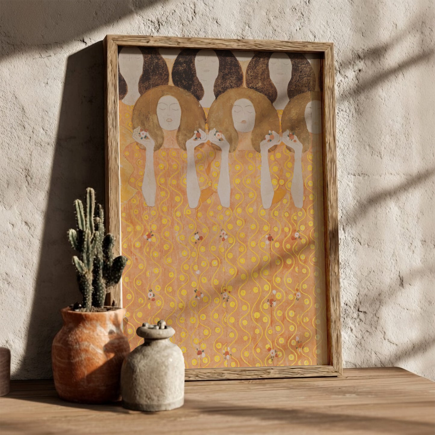 Gustav Klimt's "The Three Fates" poster featuring golden hues and Art Nouveau style figures.