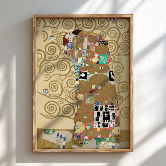 Gustav Klimt's "Fulfillment" poster featuring a couple embracing amidst swirling gold patterns and vibrant