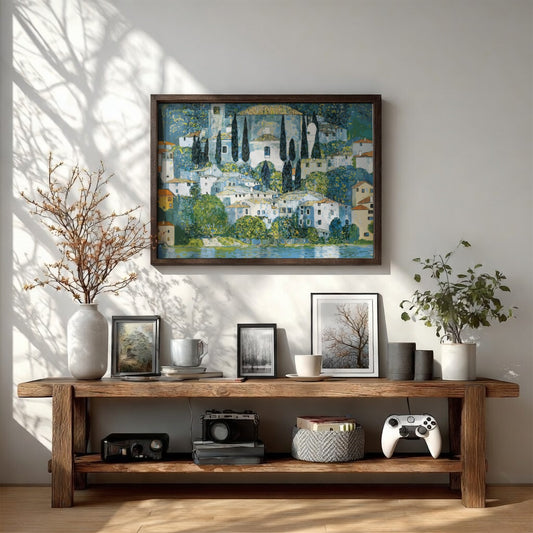 Gustav Klimt's Kirche in Cassone poster featuring vibrant colors and serene landscape elements, ideal for