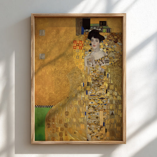Gustav Klimt's Adele Bloch-Bauer I poster, featuring a woman in a gold, patterned dress against a shimmering