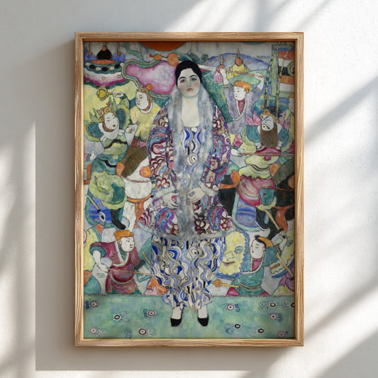 Gustav Klimt's Portrait of Friederike Maria Beer art poster featuring a woman in a decorative robe surrounded