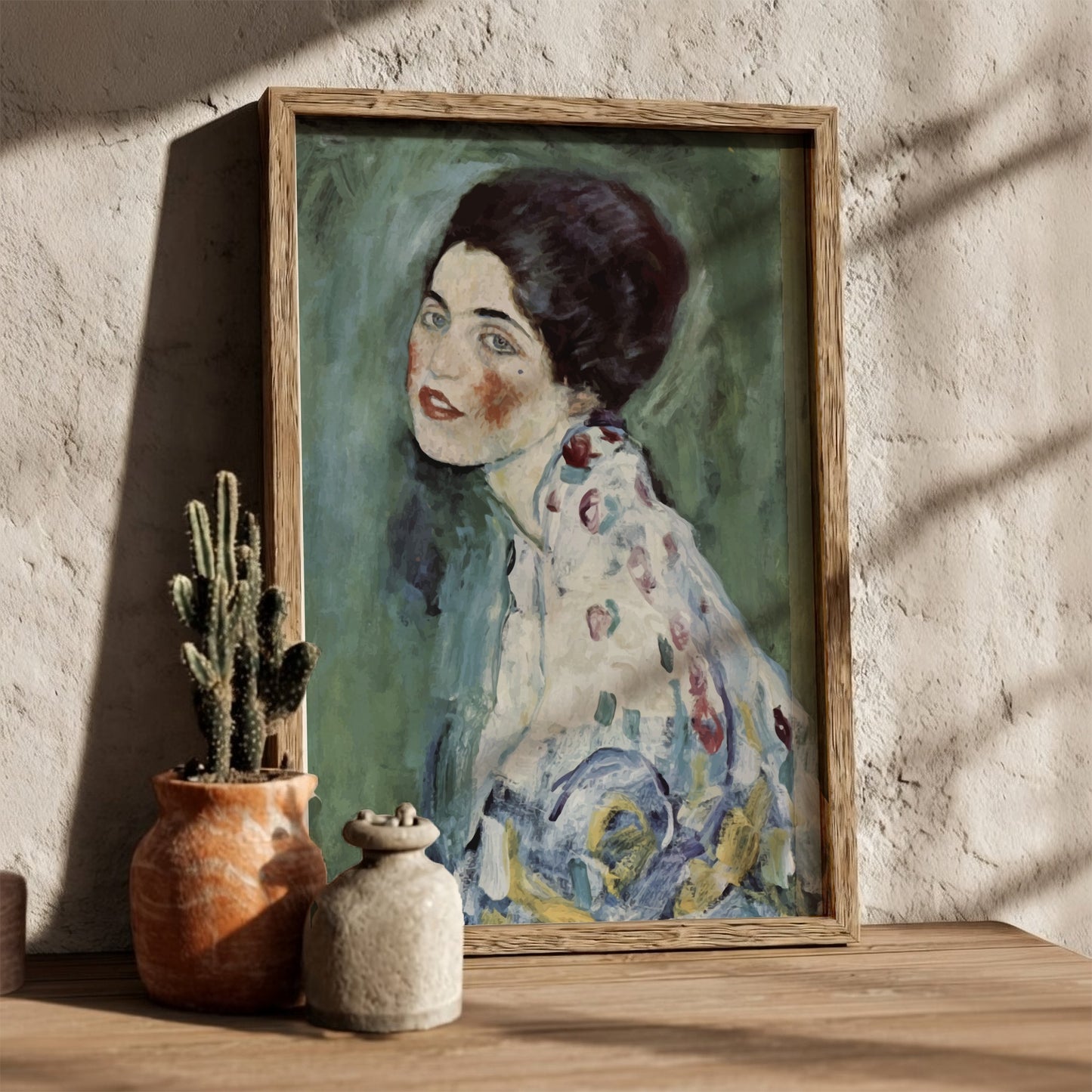 Gustav Klimt "Portrait of a Lady" poster featuring a woman with blue eyes and red cheeks, in a floral