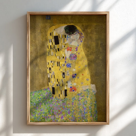 Gustav Klimt's The Kiss art poster, featuring a couple in a golden robe amidst floral patterns.
