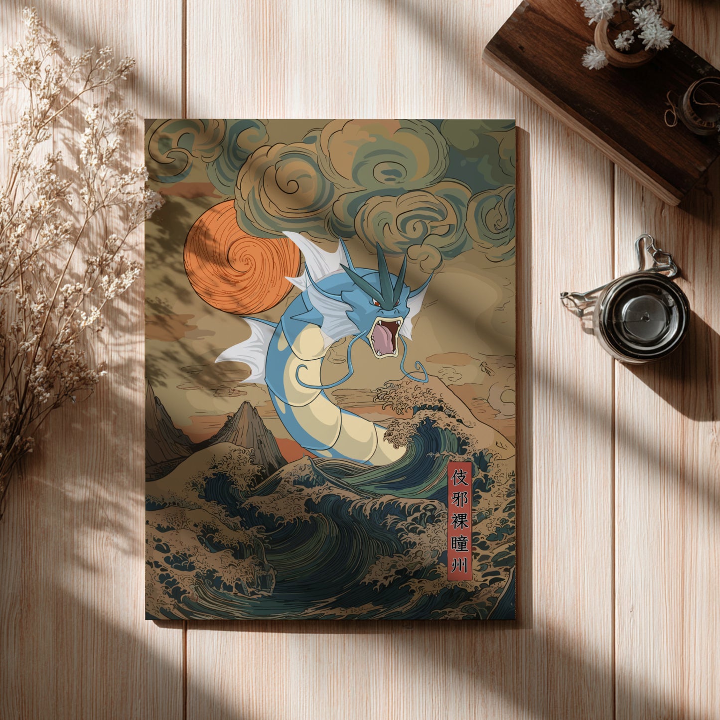 Decorative poster with artistic design of Gyarados Pokemon on a wooden surface