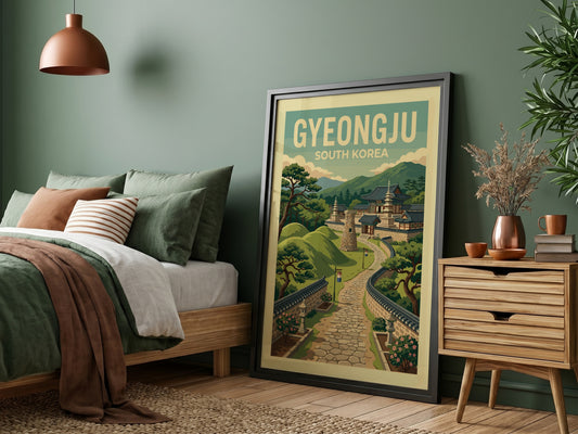 Gyeongju South Korea travel poster with vintage illustration of ancient Korean temples and hills.