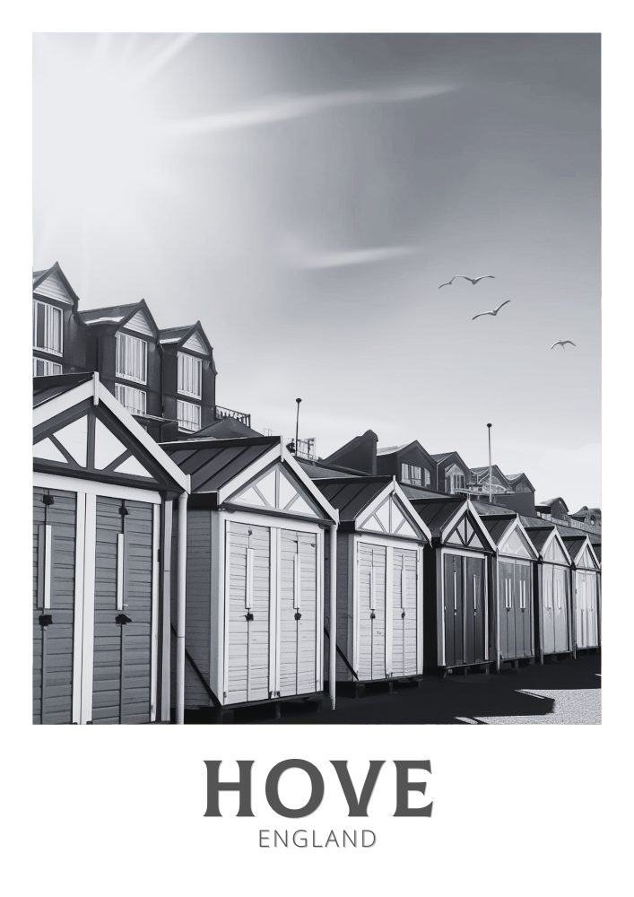 Affiche de voyage noir et blanc de Hove - Illustration d'Angleterre
