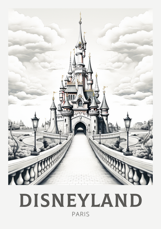 Affiche de voyage Disneyland en noir et blanc - Illustration de Paris