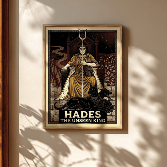 Hades Greek Mythology poster featuring the god on his throne with Cerberus and underworld imagery, dark