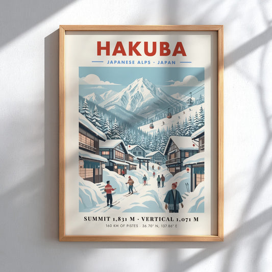 Vintage ski resort poster featuring Hakuba in the Japanese Alps with snowy mountains and a charming village
