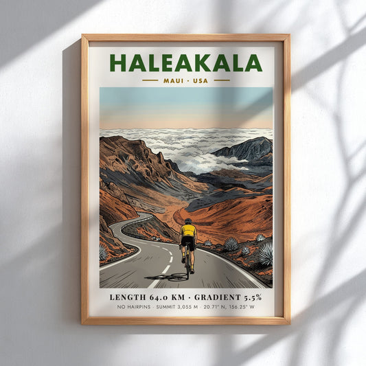 Poster featuring a cyclist climbing the winding road to the summit of Haleakala, Maui.