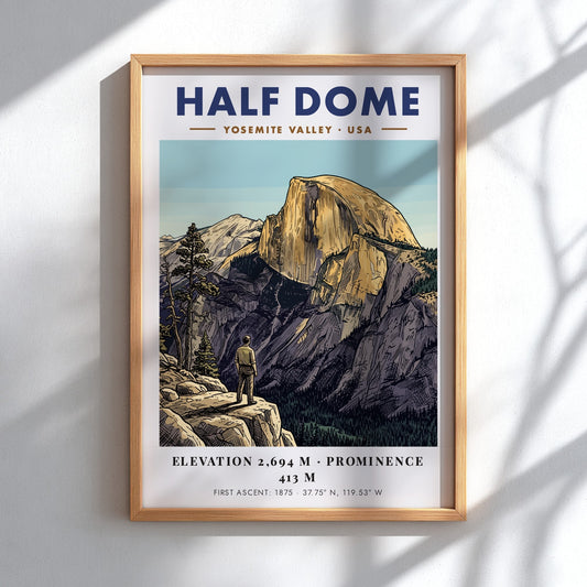 Half Dome Yosemite Valley poster showing a hiker looking at the golden mountain peak.