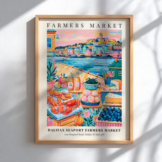 Halifax Seaport Farmers Market poster featuring colorful produce and seafood in a vibrant style