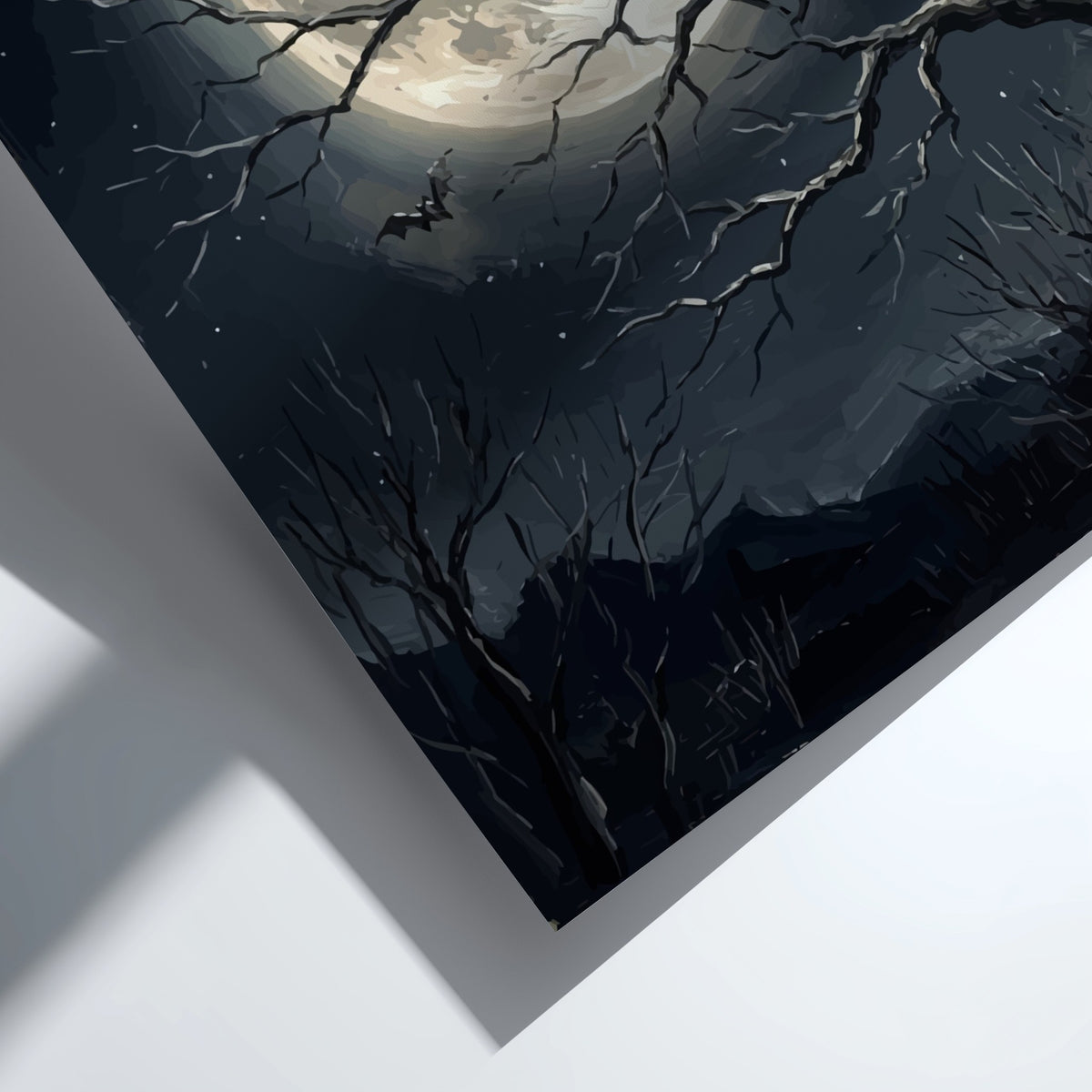 Poster featuring a large full moon with silhouetted bats and bare tree branches.