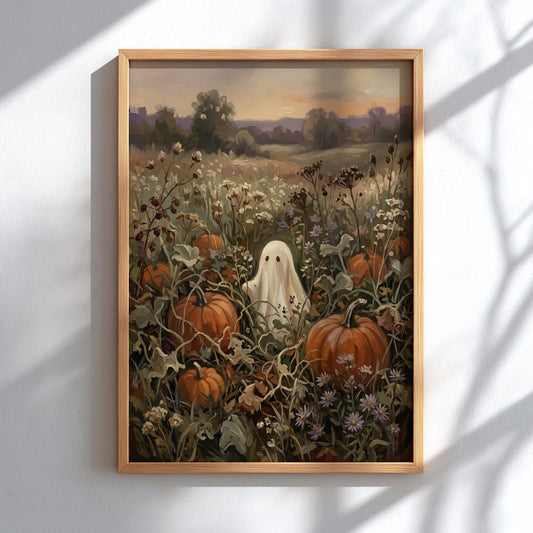 Poster featuring a small white ghost standing in a pumpkin patch with wildflowers