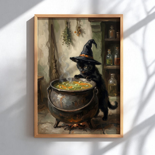 Poster featuring a black kitten in a witch hat looking into a bubbling cauldron.