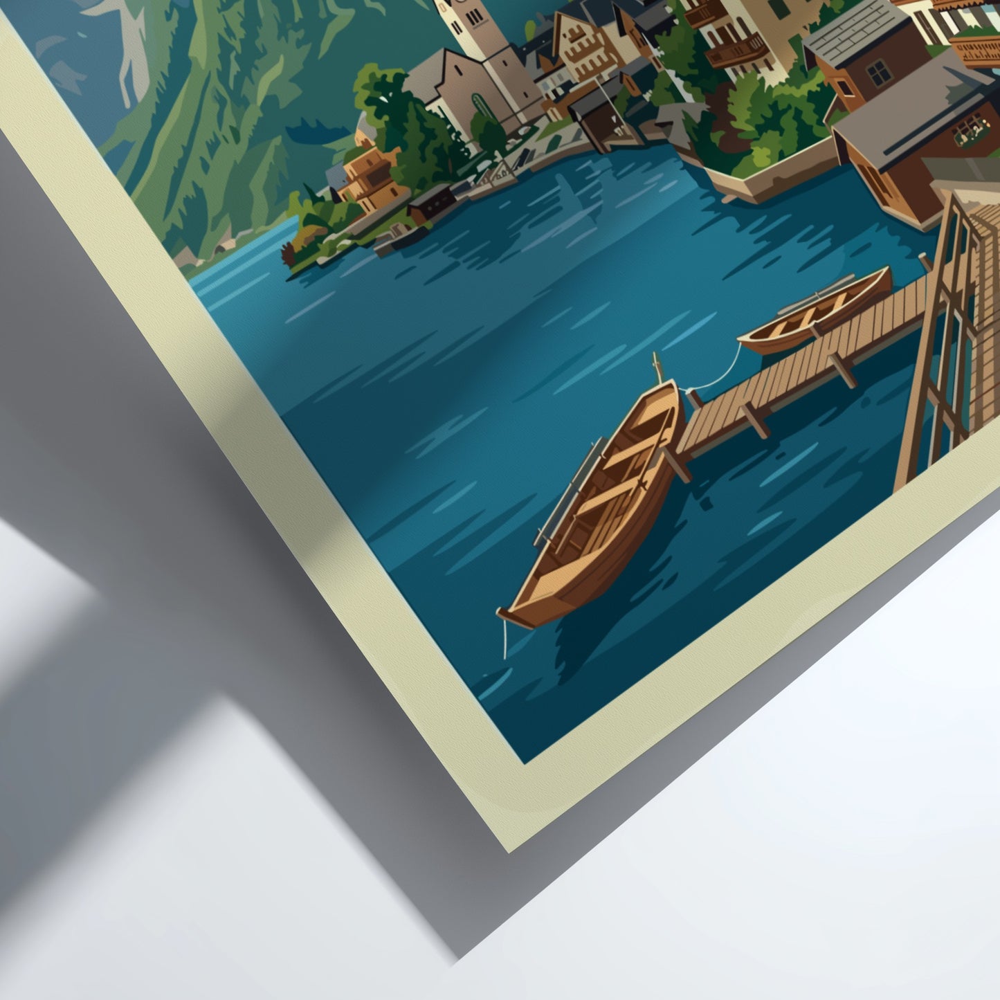 Vintage travel poster of Hallstatt, Austria, featuring a lake, village, and mountains in a retro style.