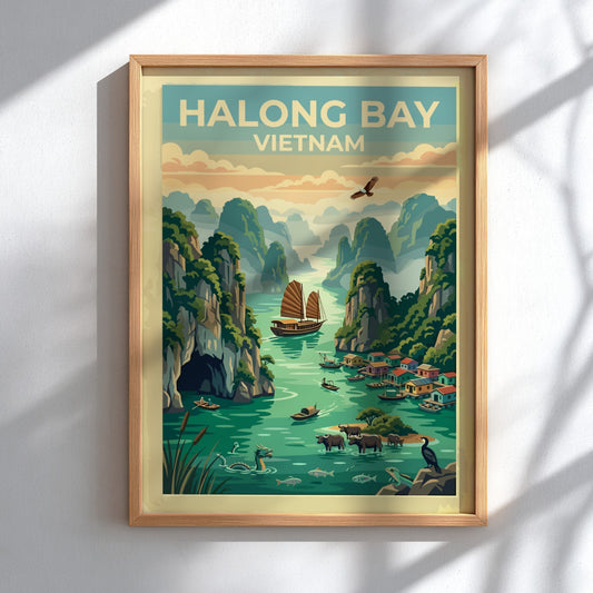 Halong Bay Vietnam travel poster featuring limestone cliffs, traditional junk boats, and water buffalo.