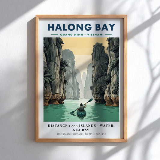 Poster showing a lone kayaker rowing through calm water between towering Halong Bay cliffs.