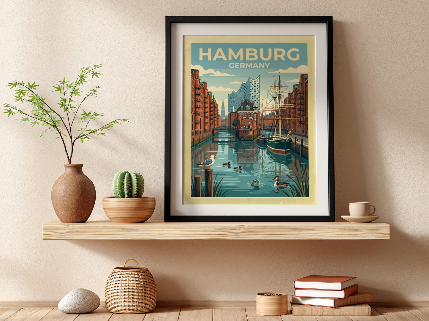 Travel poster featuring Hamburg Germany with a sailing ship, canal, and the Elbphilharmonie building.