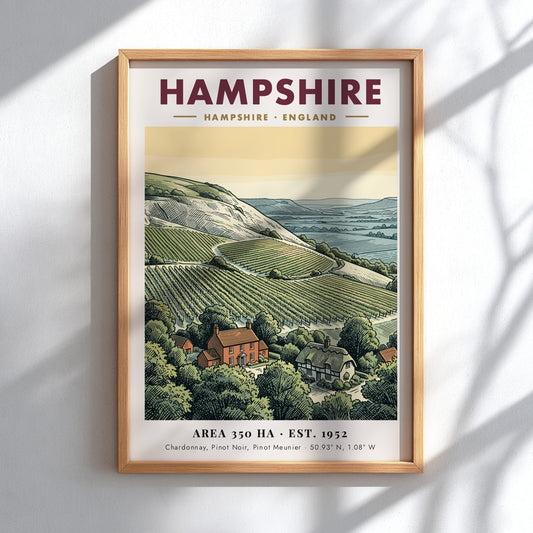 Poster of a Hampshire England vineyard with rolling hills and stone cottages printed