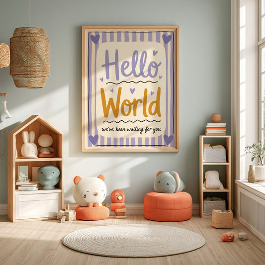 Hello World Kids Room Poster - Nursery Decor, Wall Art, Typography