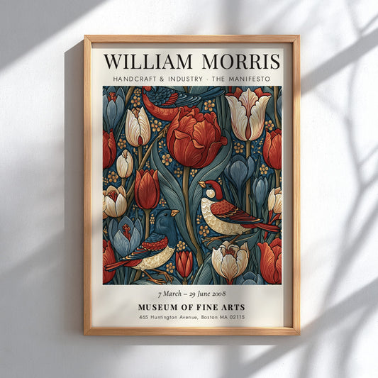 William Morris poster featuring vibrant tulips and birds in rich colors
