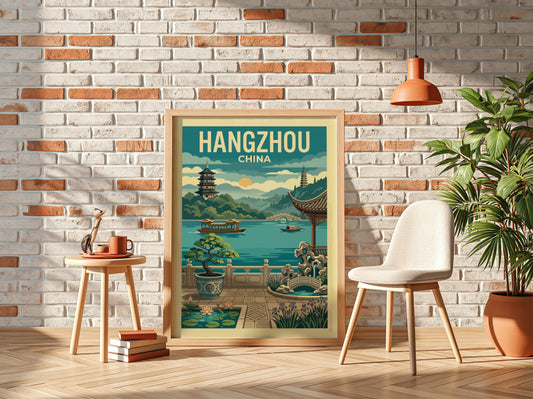 Vintage Hangzhou China travel poster featuring West Lake, pagodas, and boats in a retro illustration style.