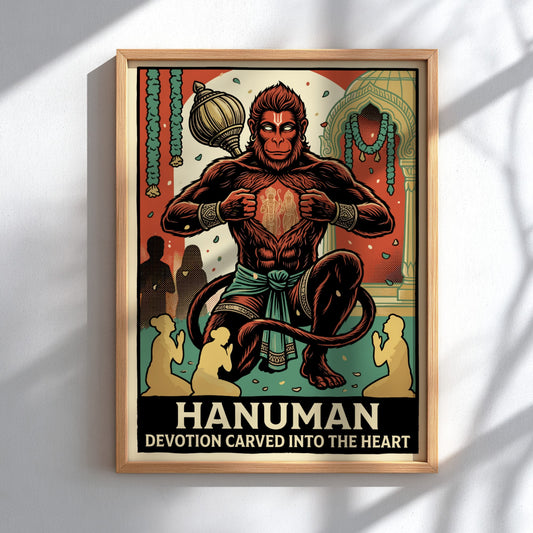 Poster of Hanuman opening his chest to reveal Rama and Sita in warm tones.