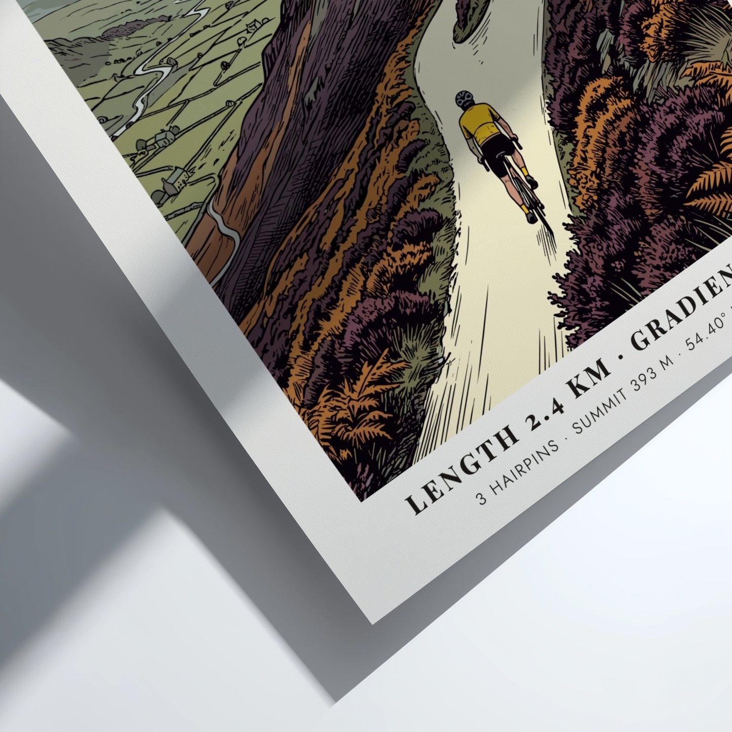 Poster featuring a cyclist climbing the steep hairpin turns of Hardknott Pass England