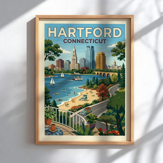 Vintage-style Hartford Connecticut skyline travel poster with river, beach, and sailboats in a retro color