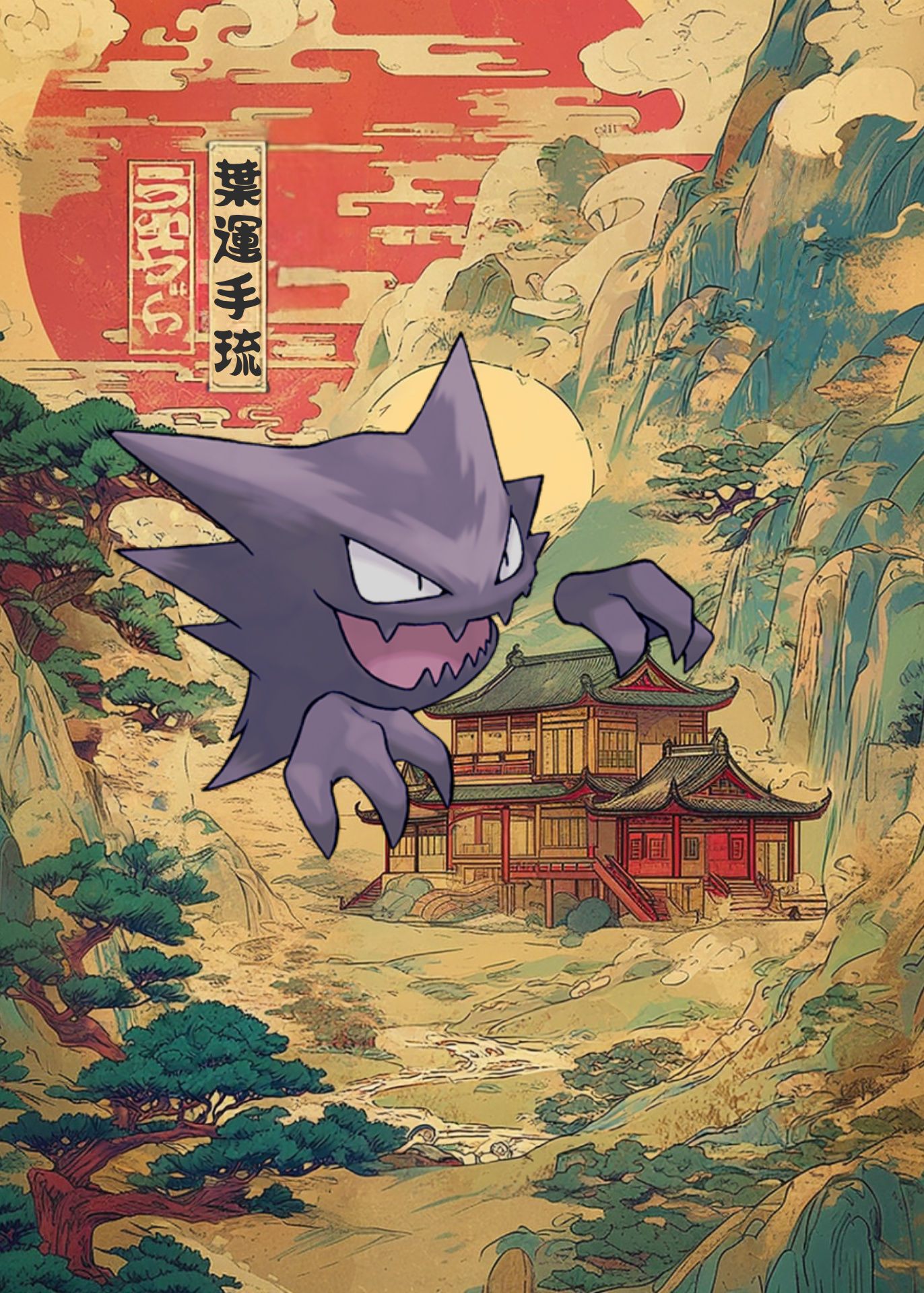 Haunter Pokemon character in a fantasy setting with mountains and traditional architecture