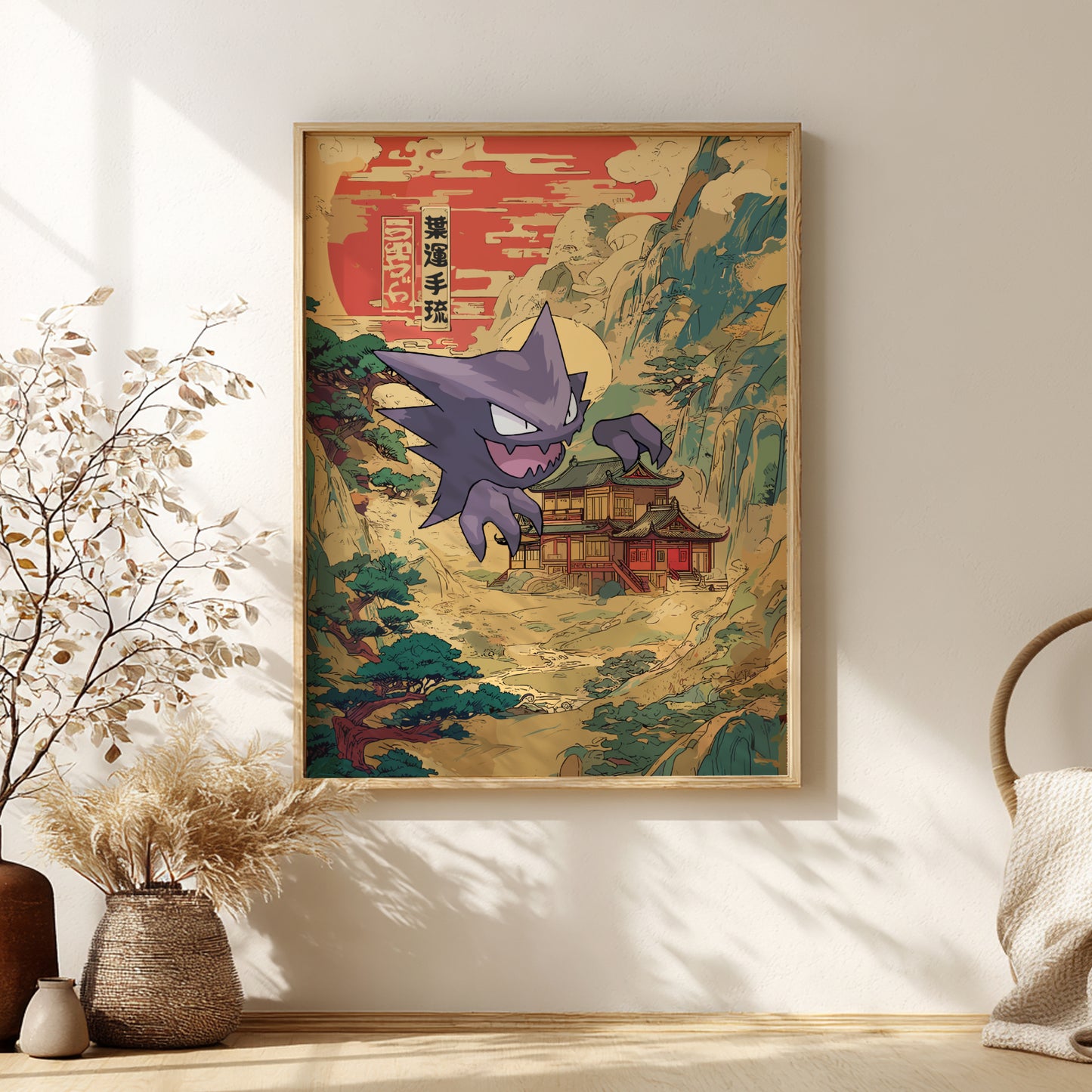 Framed artwork of Haunter Pokemon in a Japanese-style setting on a wall.