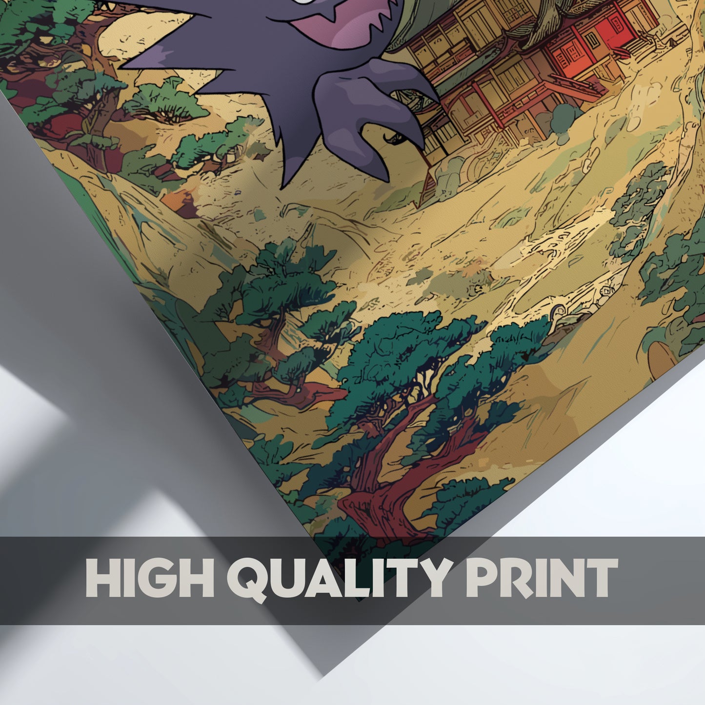 Colorful illustration of Haunter Pokemon character with a landscape, labeled 'High Quality Print'.