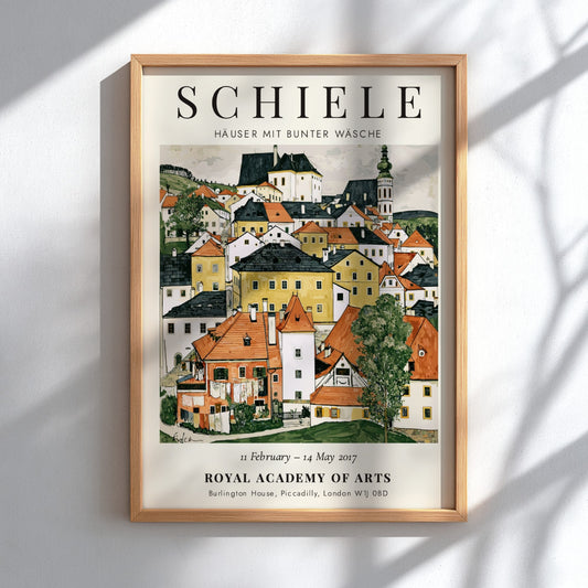 Egon Schiele poster depicting colorful houses in a village scene, showcasing vibrant colors and expressive