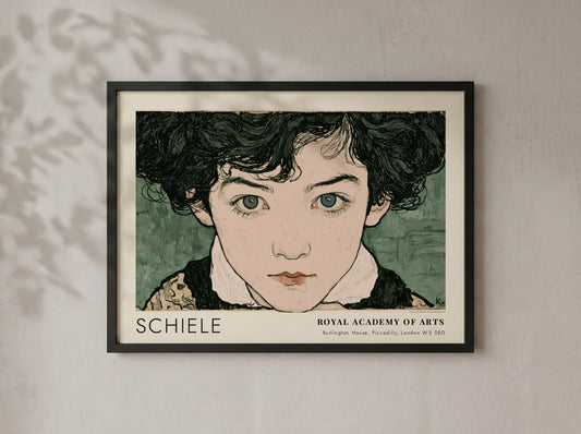 Wall art poster featuring Egon Schiele portrait with intense gaze and muted green background
