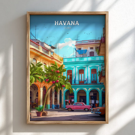 Havana Travel Poster - Light Wooden Frame