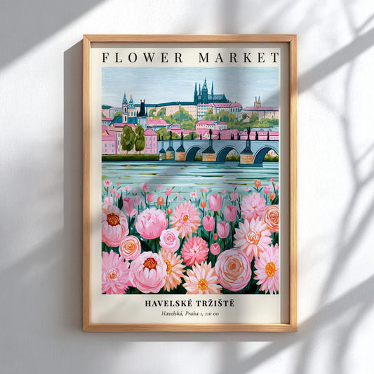 Flower market print featuring pink flowers and historic architecture in soft colors