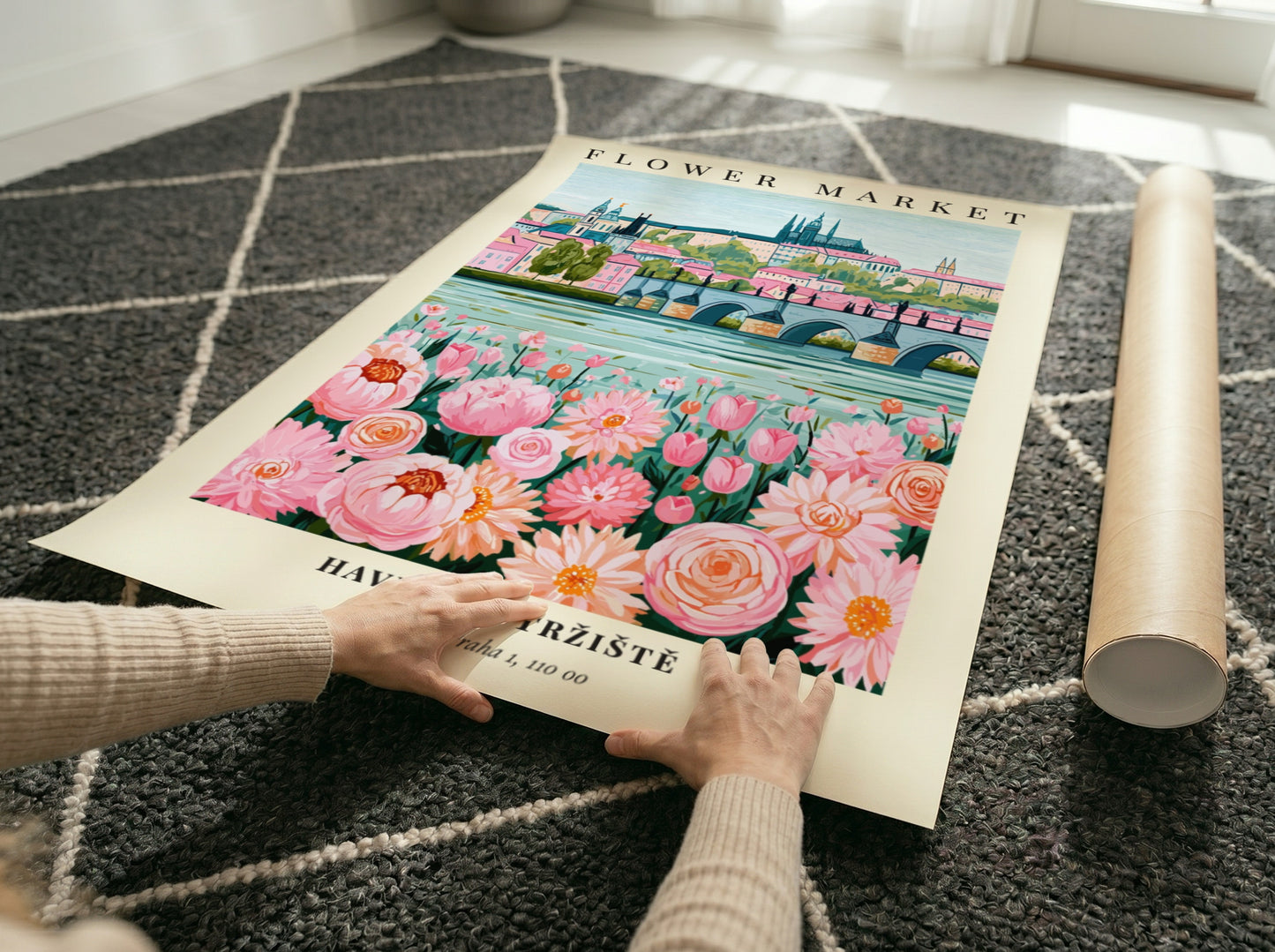 Flower market print featuring pink flowers and historic architecture in soft colors
