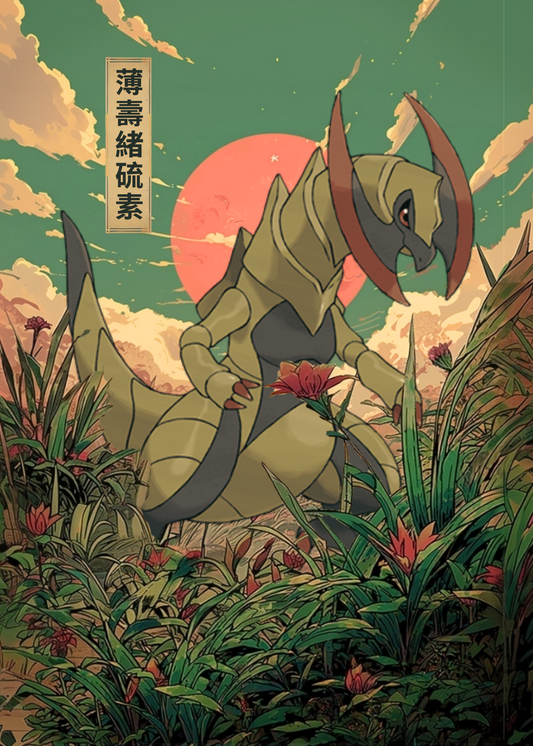 Illustration of Haxorus Pokemon in a fantasy landscape with a red sun and greenery.