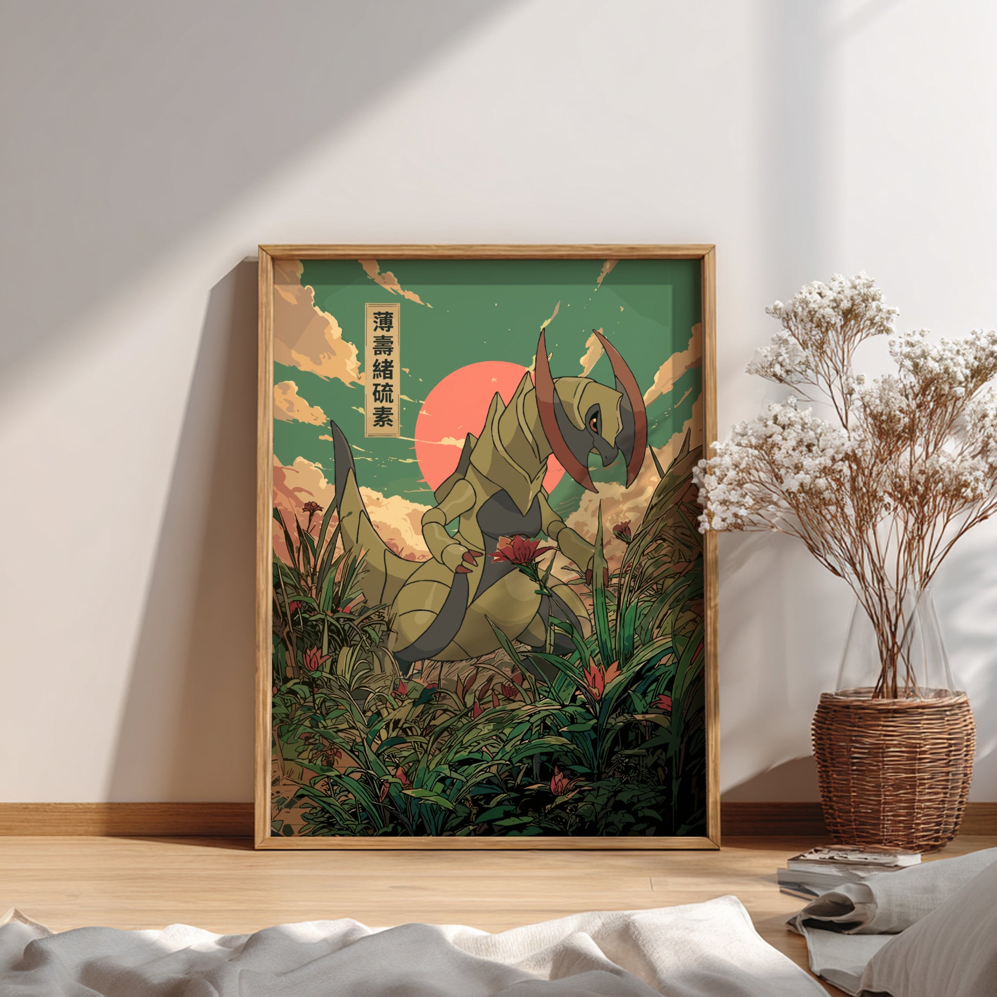 Framed artwork of Haxorus Pokemon in a natural setting on a wall.