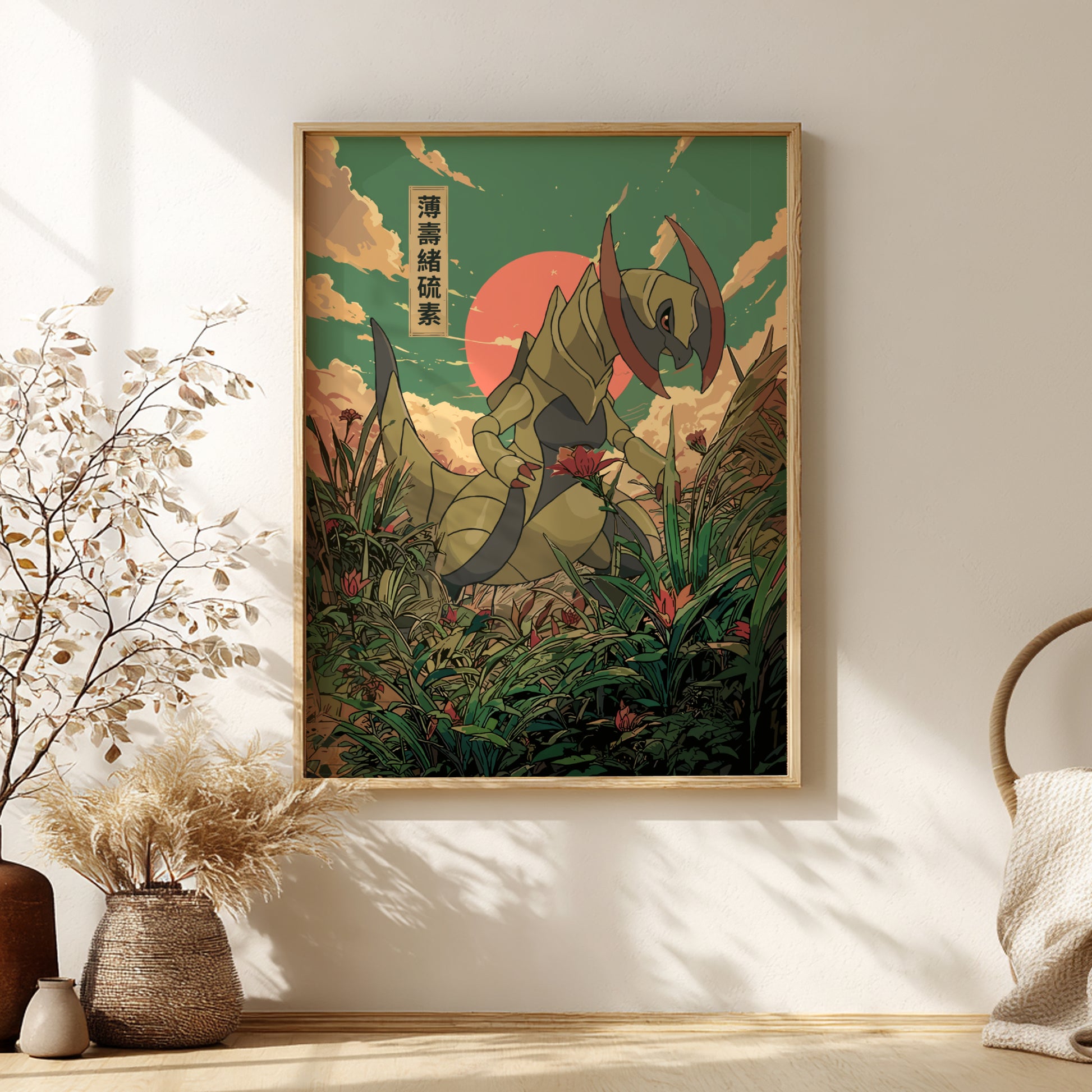 Framed artwork of Haxorus Pokemon in a natural setting on a wall with decorative elements.