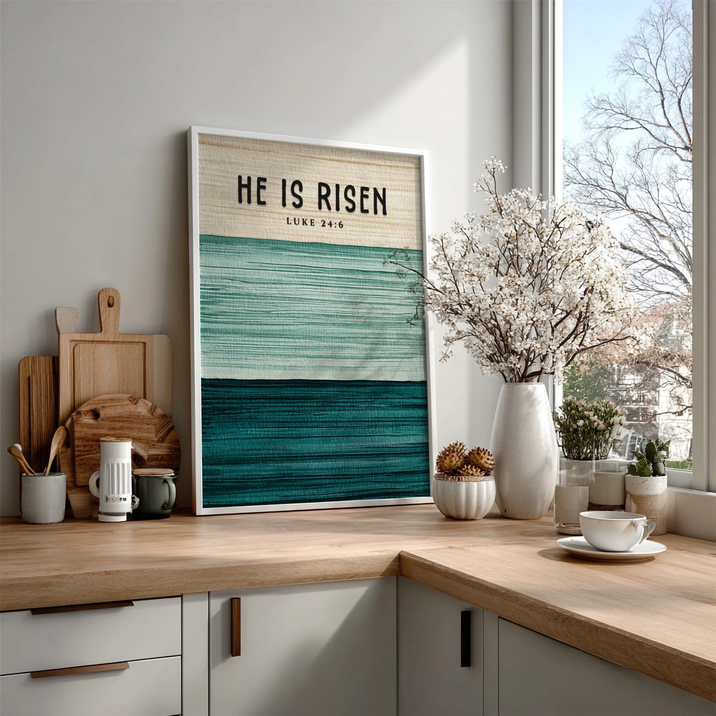 He Is Risen poster featuring soft green tones and inspirational text, perfect for religious wall art