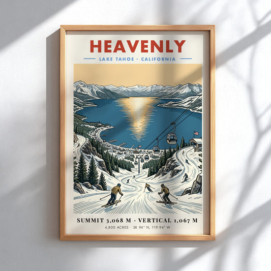 Poster of Heavenly Lake Tahoe ski resort with gondolas, snowy slopes, and sunset lake.