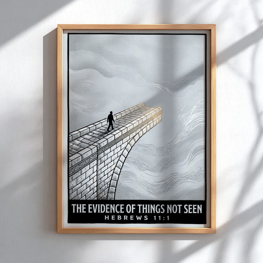 Poster featuring a person walking on a bridge into clouds with inspirational text